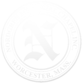 Nordgren Memorial Chapel logo. White seal with letter "N" and text "Worcester, Mass."