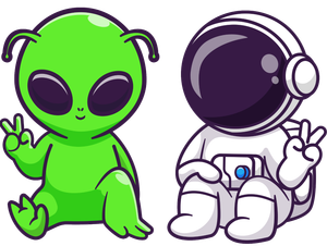 A green alien and an astronaut are sitting next to each other.