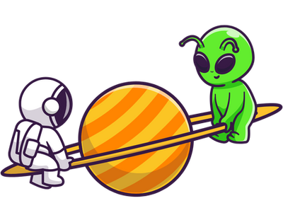 An astronaut and an alien are playing with a planet.