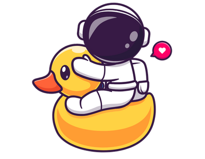 An astronaut is hugging a yellow rubber duck.
