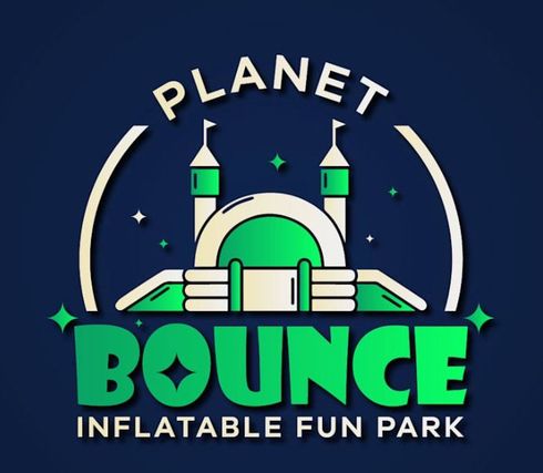 A logo for planet bounce inflatable fun park