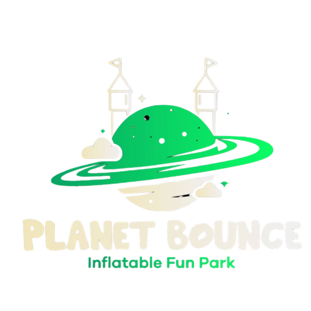 A logo for planet bounce inflatable fun park