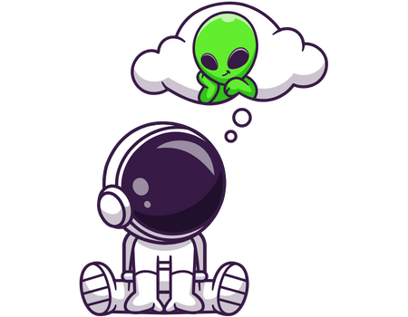 A cartoon of an astronaut thinking about an alien.