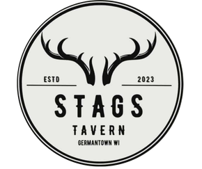 Stags Tavern logo: black stag antlers above 