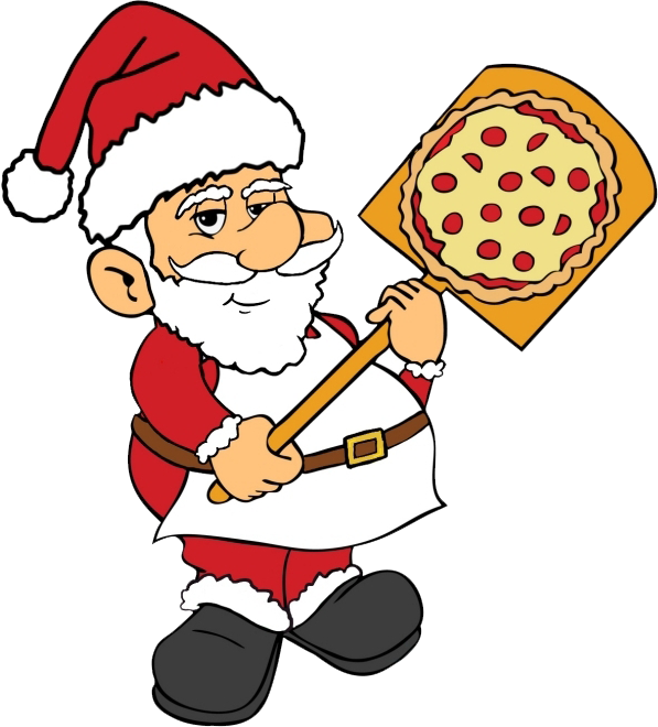 a cartoon of Santa Claus holding a pizza on a pizza paddle