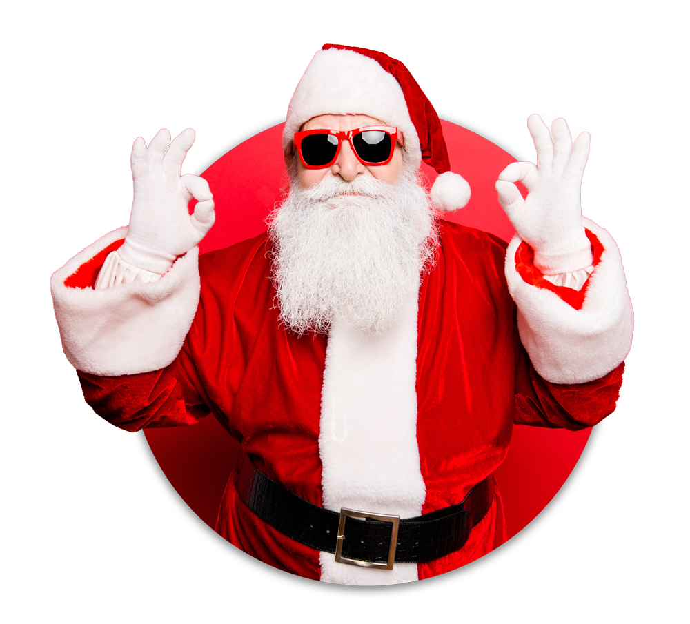 Santa Claus is wearing sunglasses and giving the ok sign