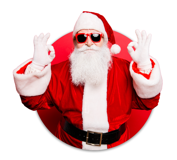 Santa Claus is wearing sunglasses and giving the ok sign