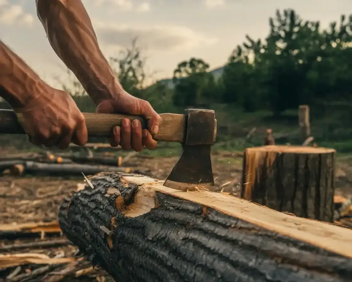 Man chopping wood with an axe outdoors.