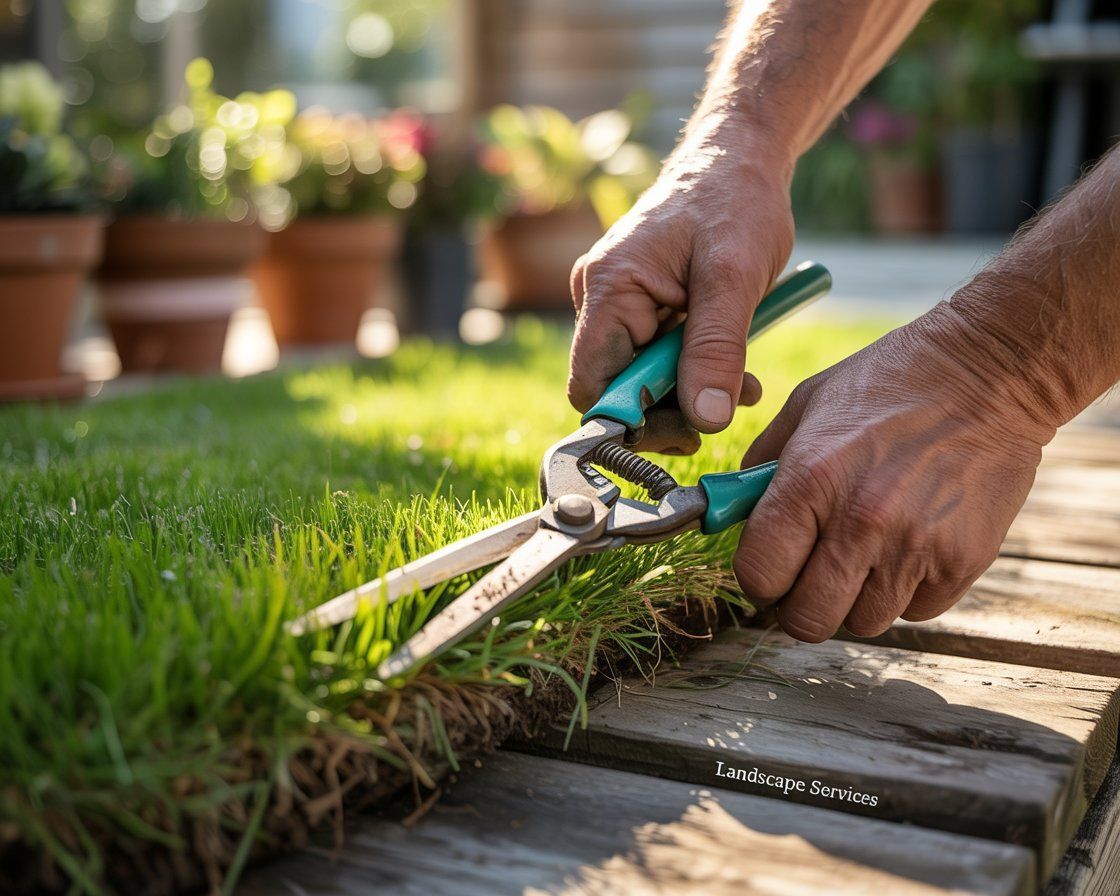 Hands trimming grass with shears on a wooden path, outdoors.