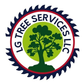 Logo: green tree, lime green circle, blue saw blade outline, "LG TREE SERVICES LLC" text.