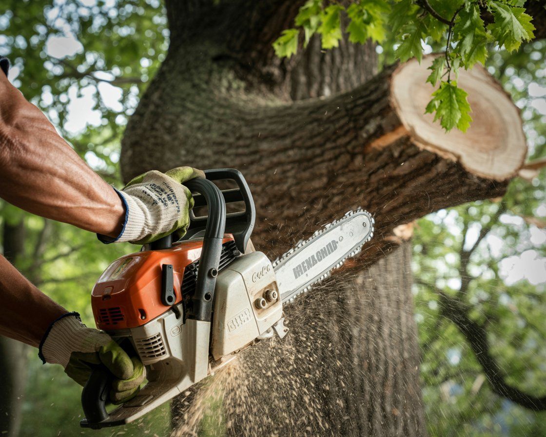 Person using chainsaw to cut a tree branch. The person is wearing gloves. Sawdust flies.