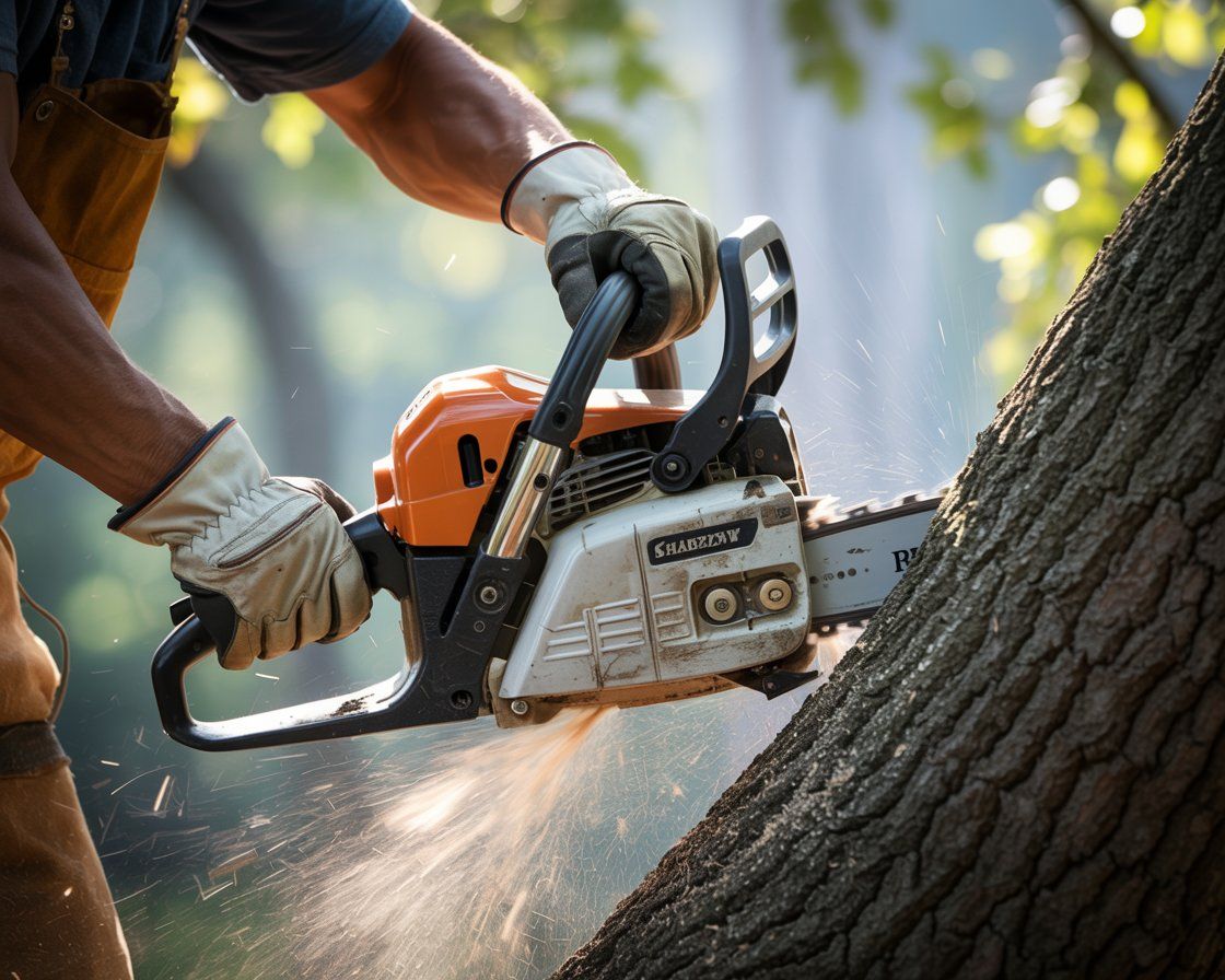 Man using a chainsaw to cut a tree trunk; sparks fly in a sunny outdoor setting.