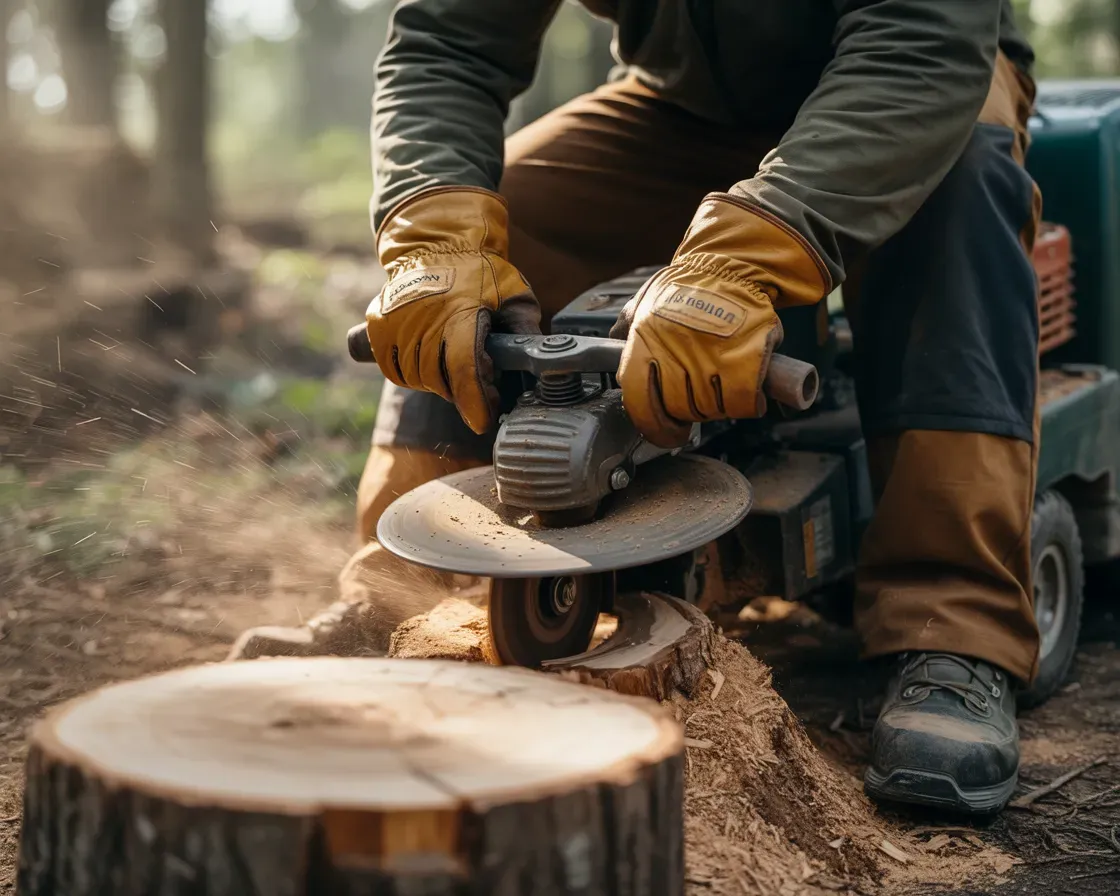 Person using a power tool to grind down a tree stump. Wearing gloves, in a wooded area.