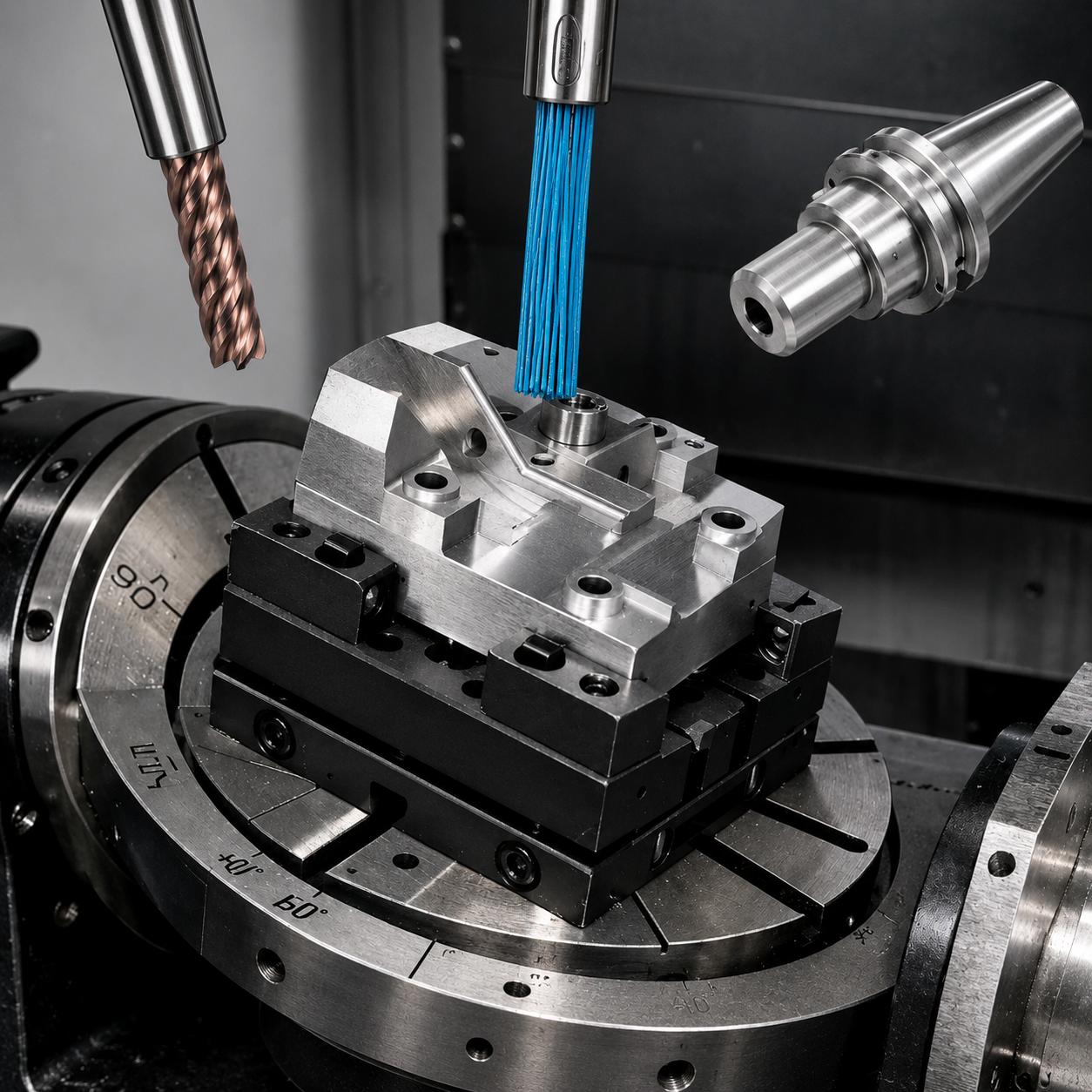 CNC milling machine cutting a metal workpiece with blue coolant spray on a rotary table