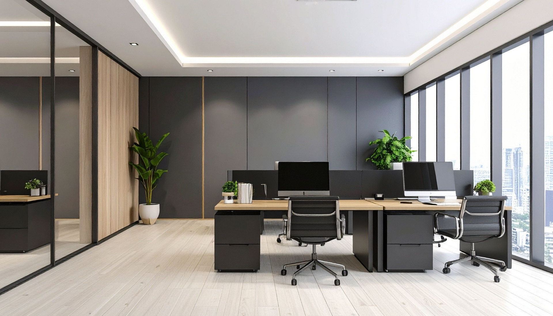 A man and woman walking in an office, the man holding a clipboard, people at a table in the background.