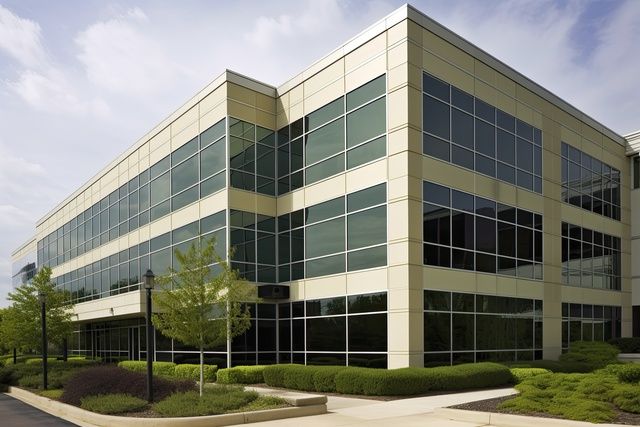 Modern three-story office building with large windows and a beige exterior, surrounded by landscaping and trees.