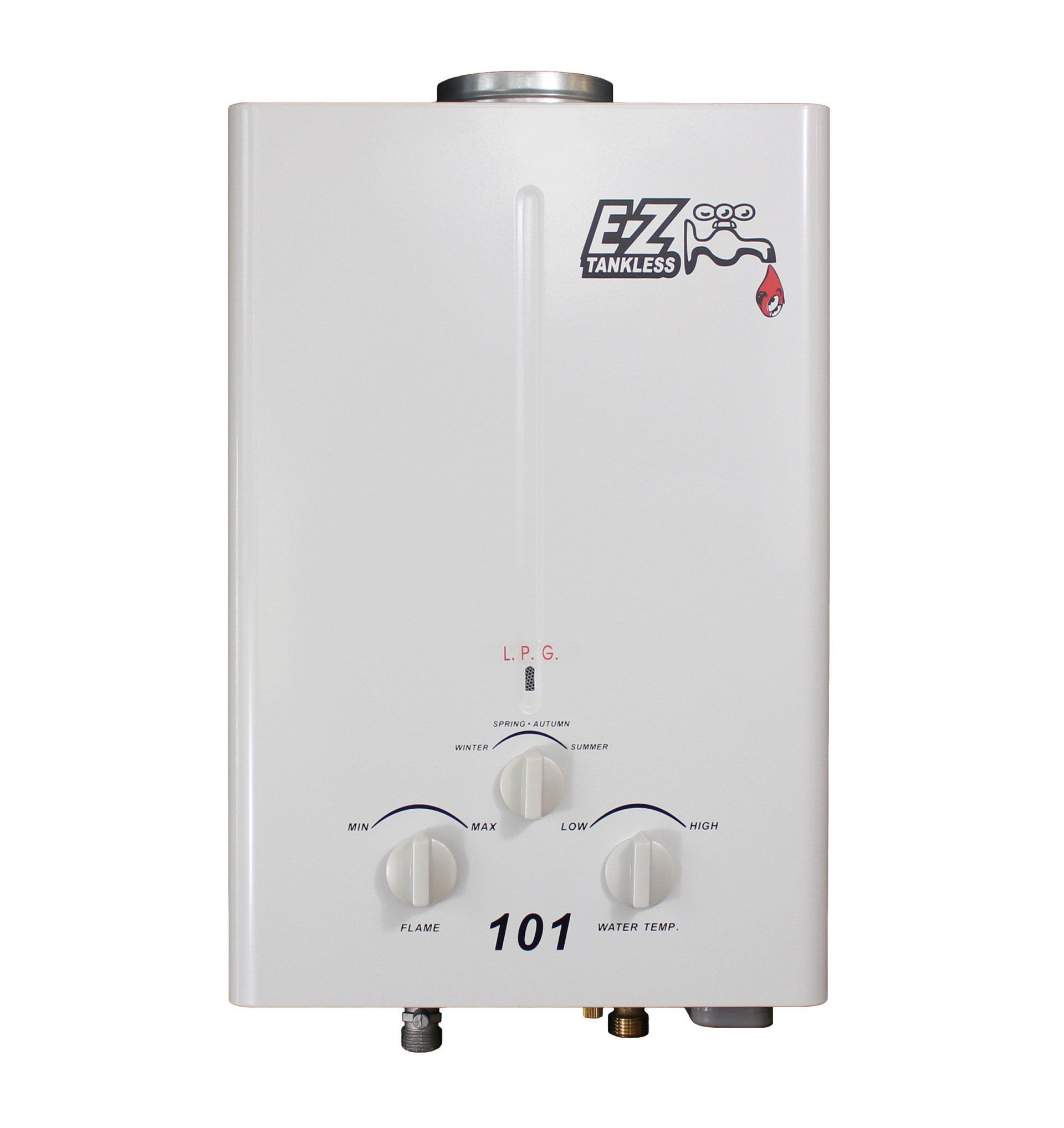 A white gas water heater with the number 101 on it