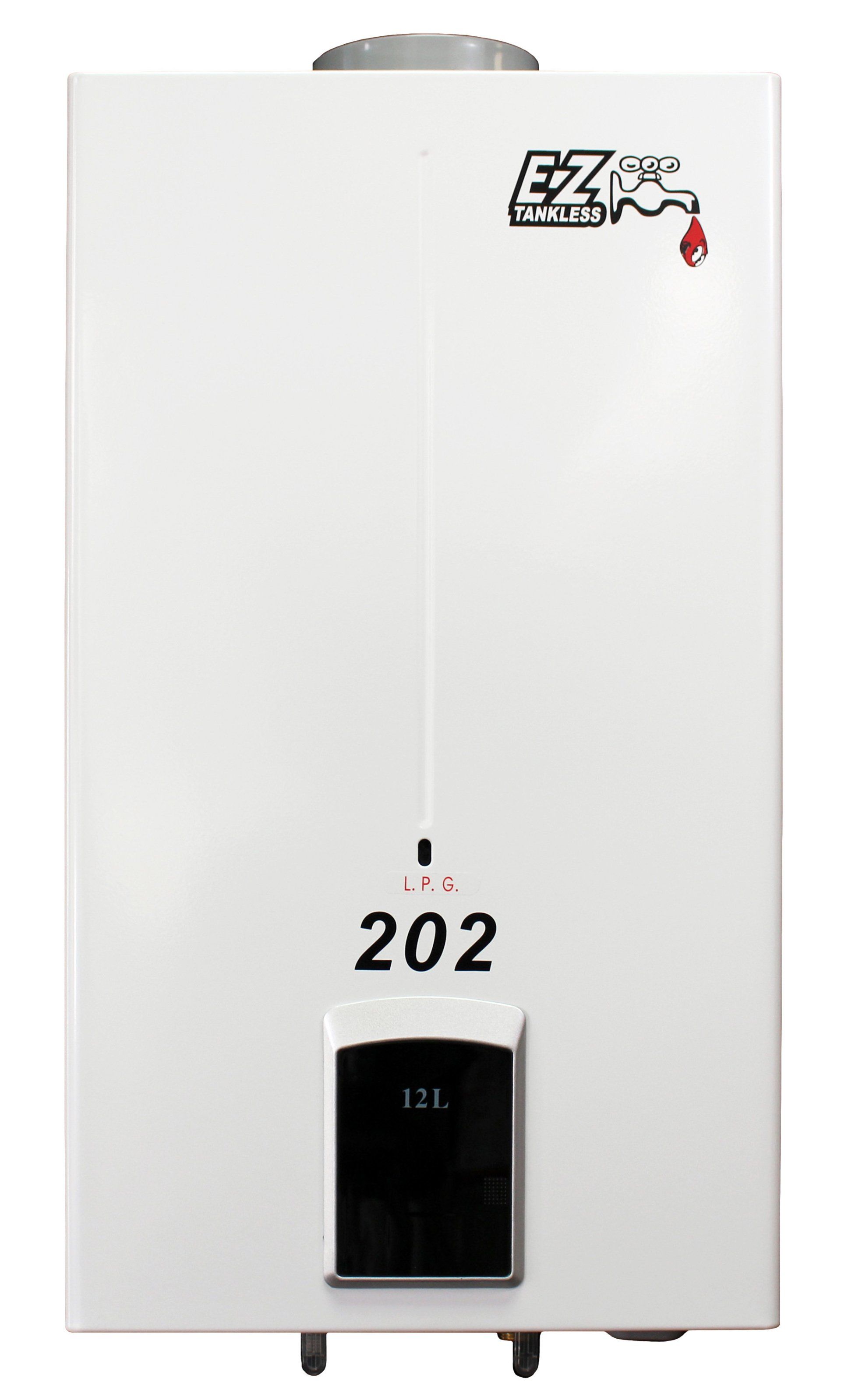 A white water heater with the number 202 on it