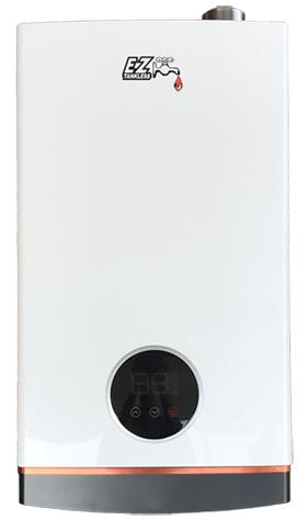 A white water heater with a digital display on a white background.