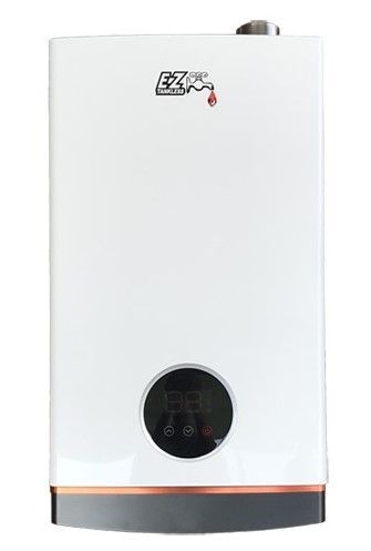 A white boiler with a digital display on a white background.