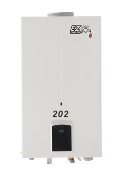 A white water heater with the number 202 on it.