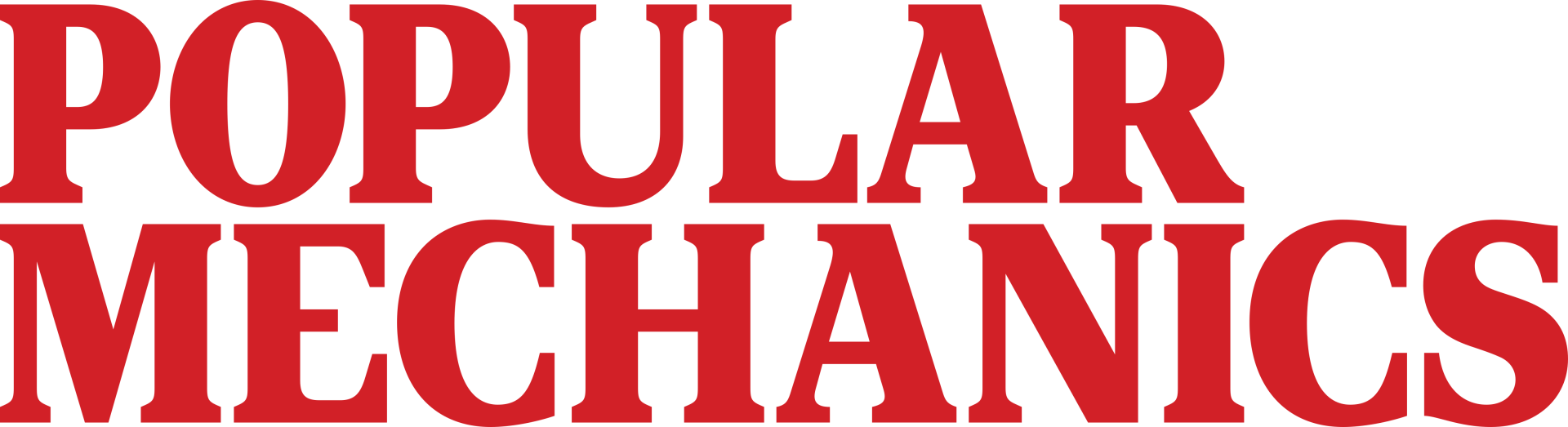 The logo for popular mechanics is red on a white background.