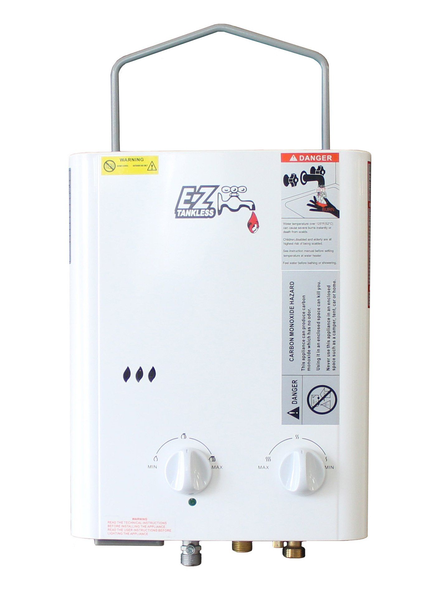 A white gas water heater with a handle on a white background.