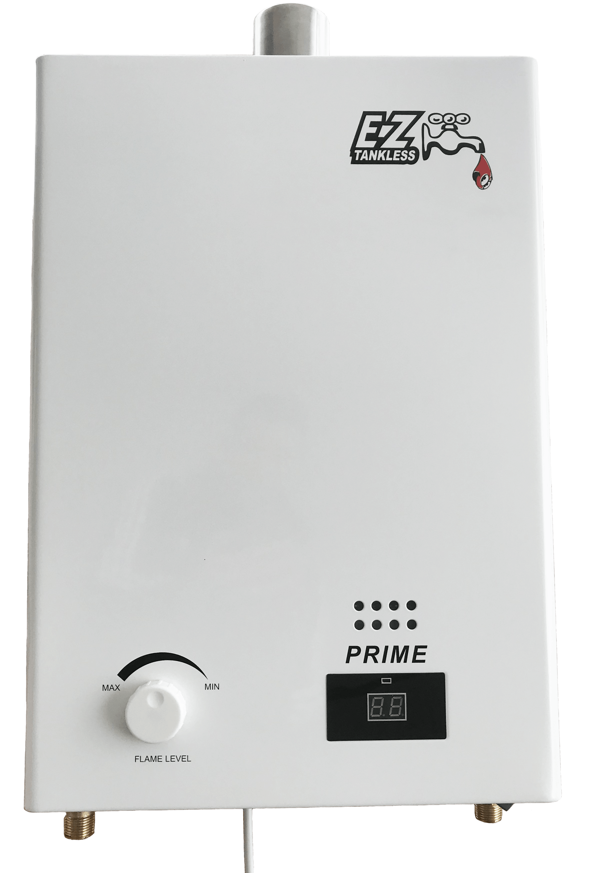 A white water heater with the word prime on it