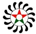 A black and white sun with a red and green star in the middle.