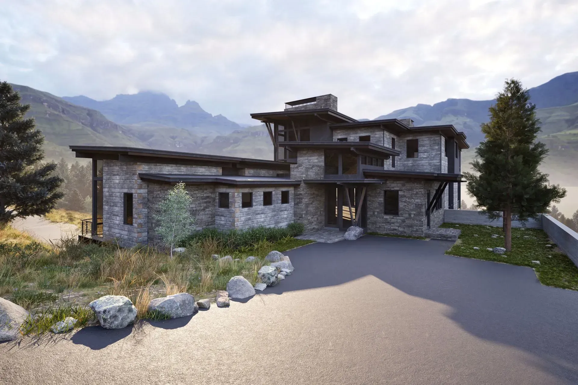 Stone house nestled in a mountain landscape with driveway and surrounding greenery.