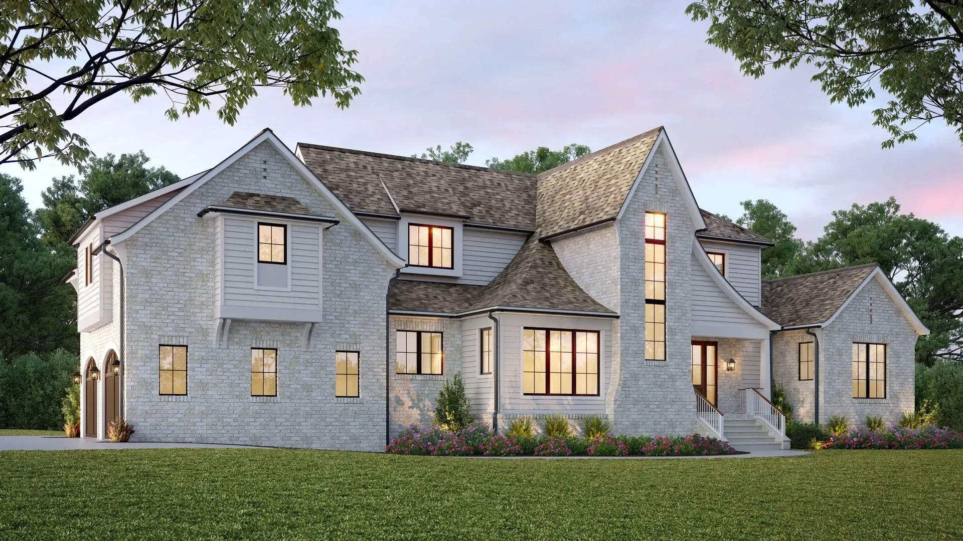 Large white brick house with a dark roof and multiple windows in a grassy setting.