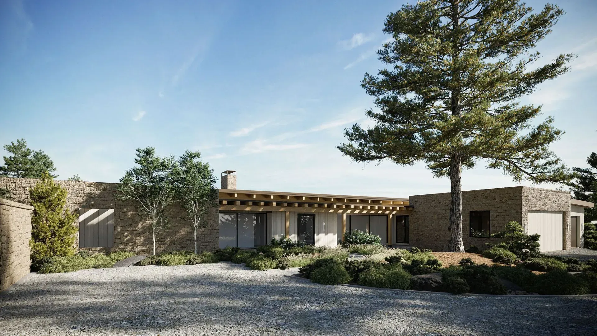 Adobe-style house with stone walls, wooden beams, and a large tree in front.