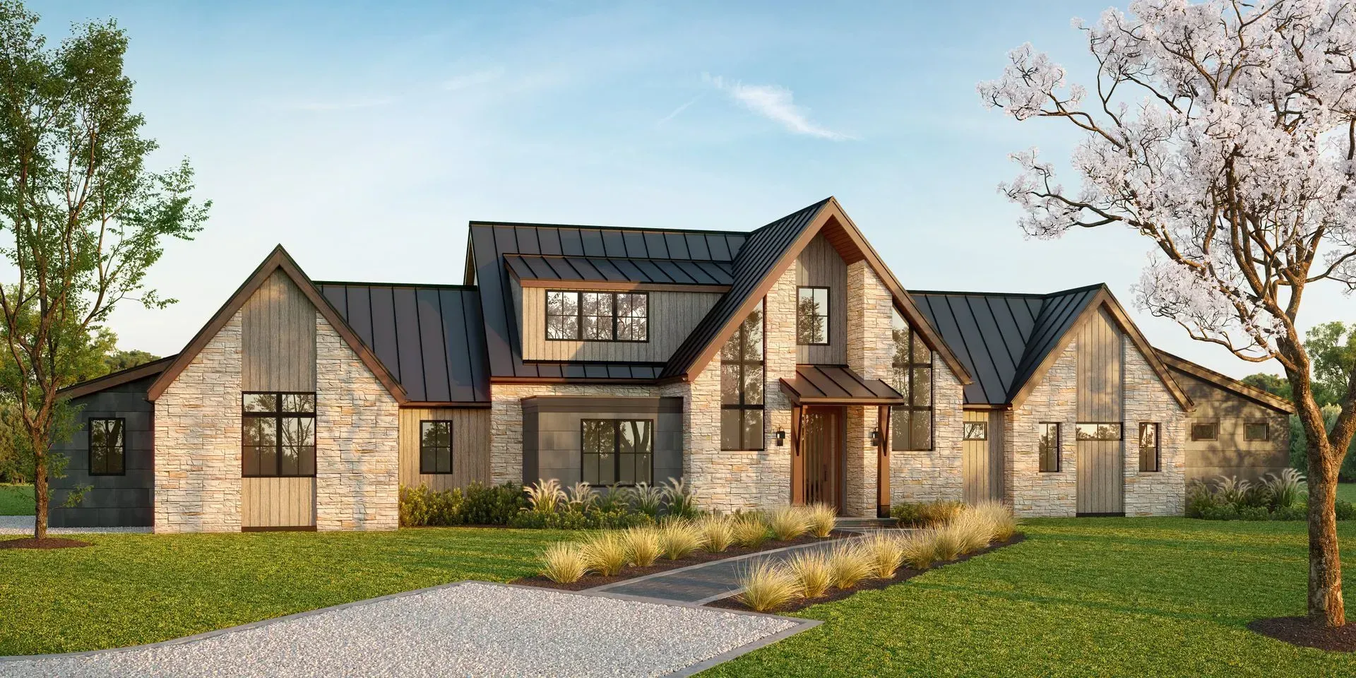A stone and wood farmhouse with a dark roof on a sunny day.