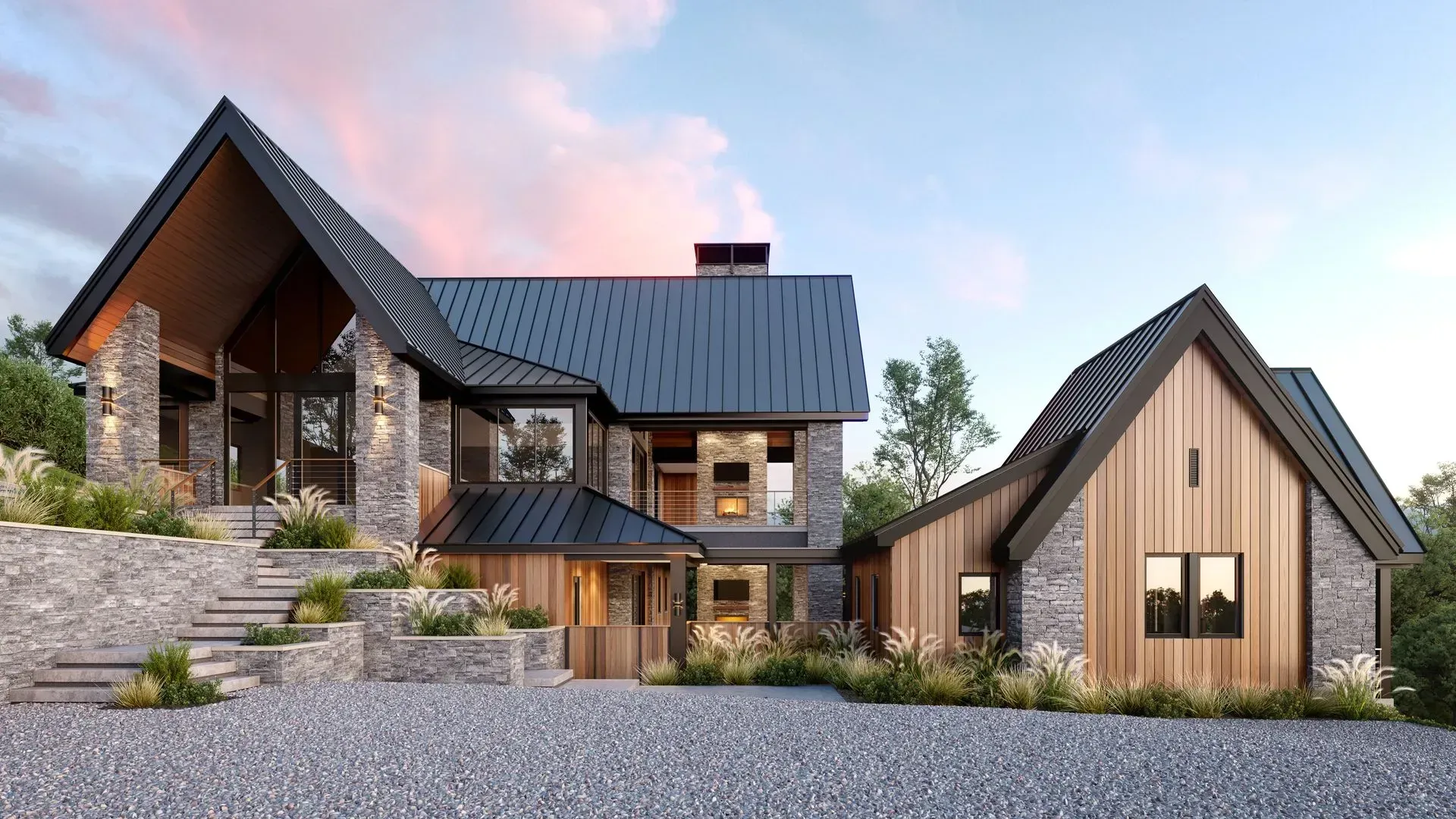 Modern house with stone and wood exterior, multiple rooflines, gravel driveway, and landscaped steps.