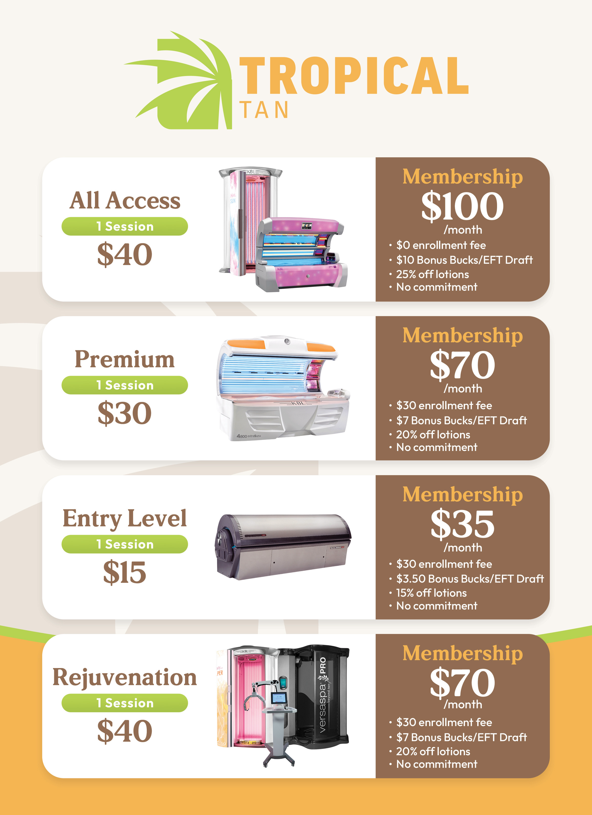 sunless tanning price menu for spray tan and rejuvenation spa package with red light