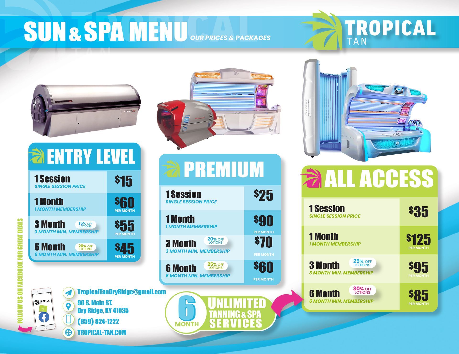 sun and spa menu prices and packages for UV tanning with all access tanning package