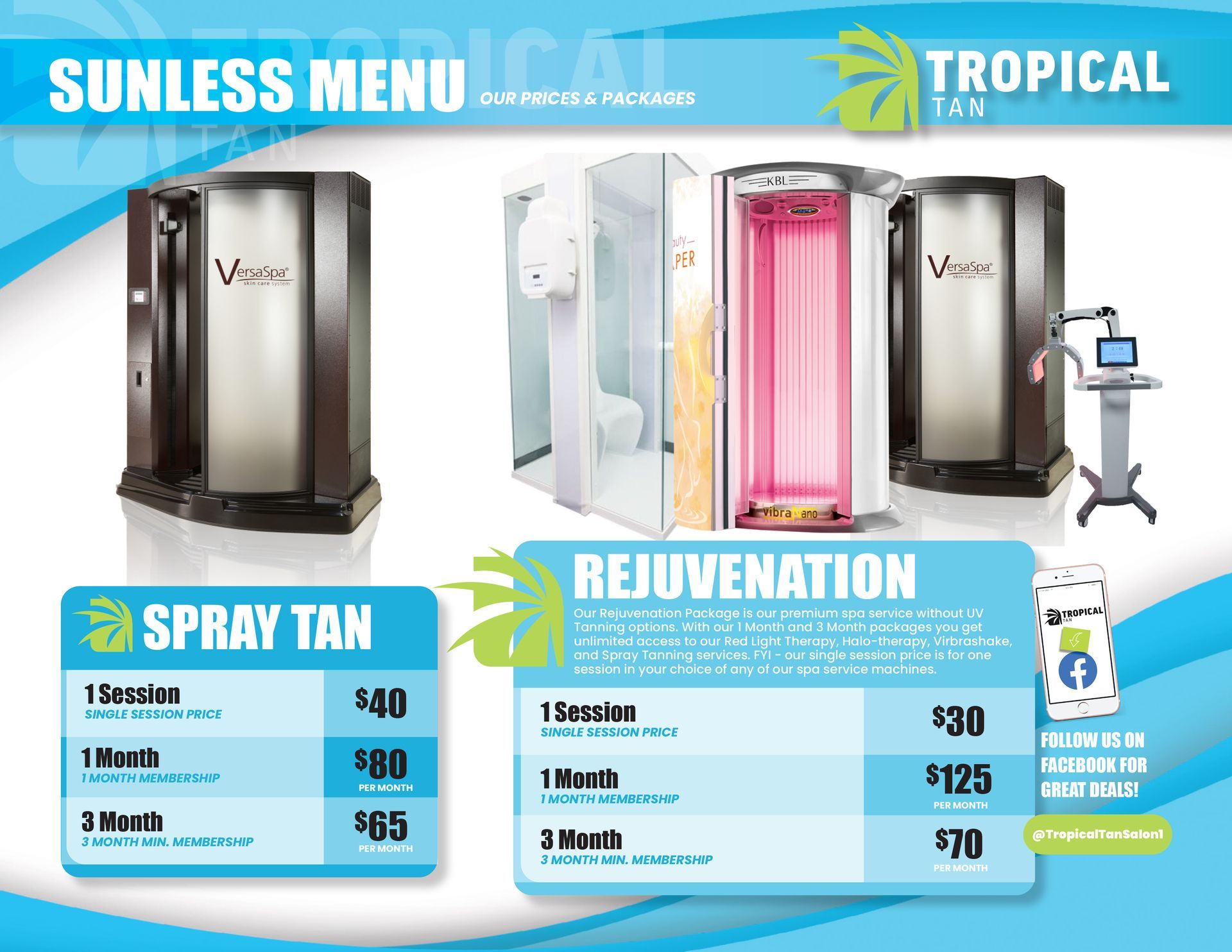 sunless tanning price menu for spray tan and rejuvenation spa package with red light