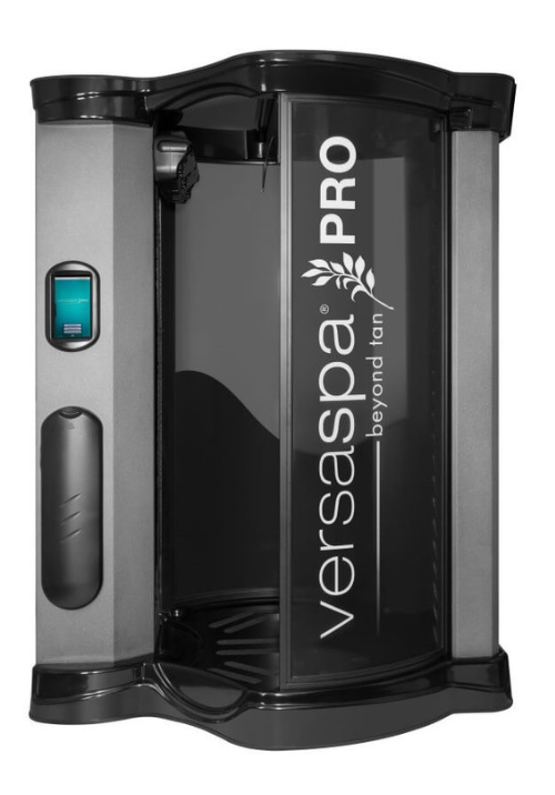 A black and silver versaspa pro tanning booth on a white background