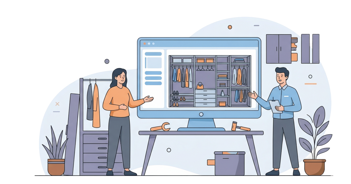 Two professionals use a large computer screen to design a custom closet organization system in a modern office.