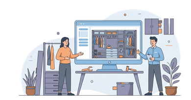 Two people in a professional office setting use a large screen to plan and design a custom closet layout.