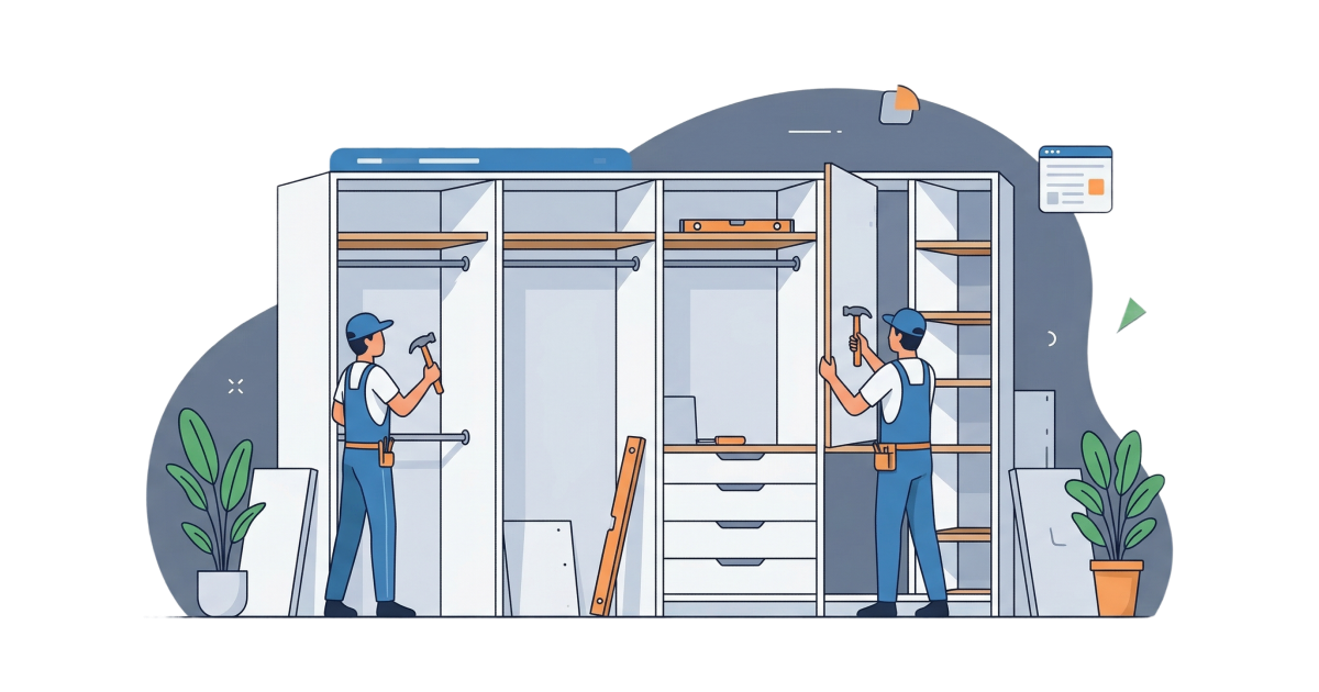 Two workers in blue uniforms assemble a large white wooden wardrobe.