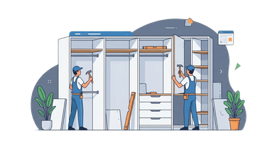 Two workers in blue uniforms assemble a large, multi-section white wardrobe with shelves and drawers.