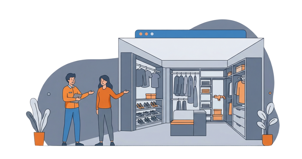 Two people stand outside a modern, open-concept closet system featuring hanging clothes, shelving, and storage units.