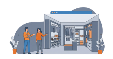 A person in an orange sweater gestures toward a walk-in closet while another person looks on in a modern office space.