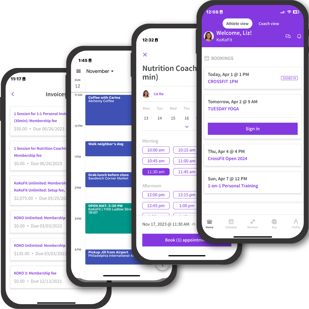 Four smartphone screens displaying invoices, a calendar, nutrition coaching, and appointments.