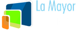 Un logotipo colorido para la mayor con un cuadrado azul en el medio.