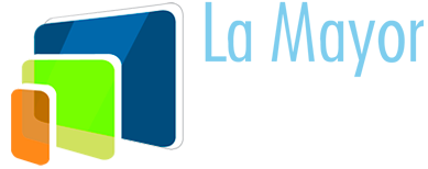 Un logotipo colorido para la mayor con un cuadrado azul en el medio.