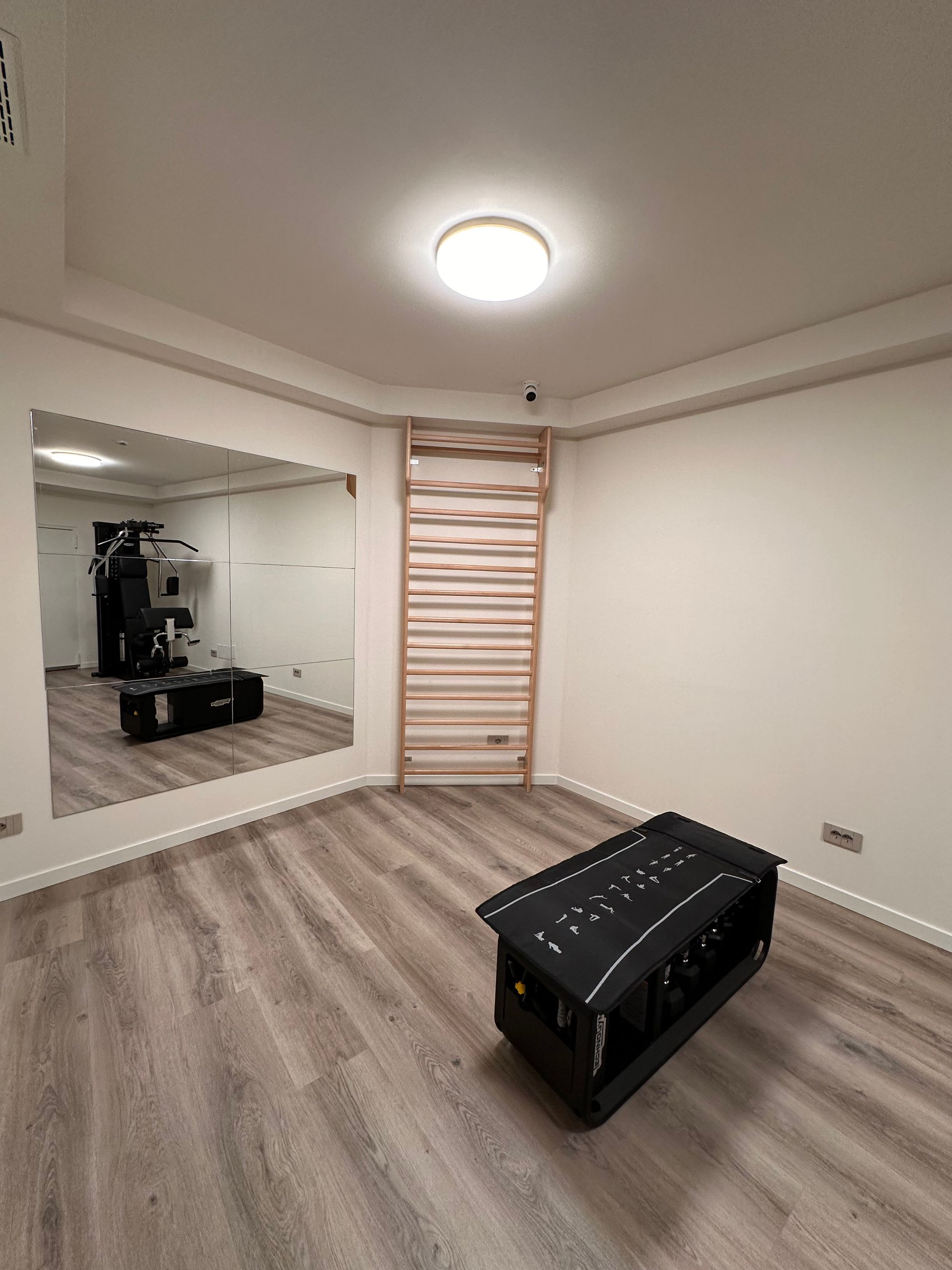 Palestra vuota con specchio, sbarre e panca nera. Pavimento in legno chiaro.