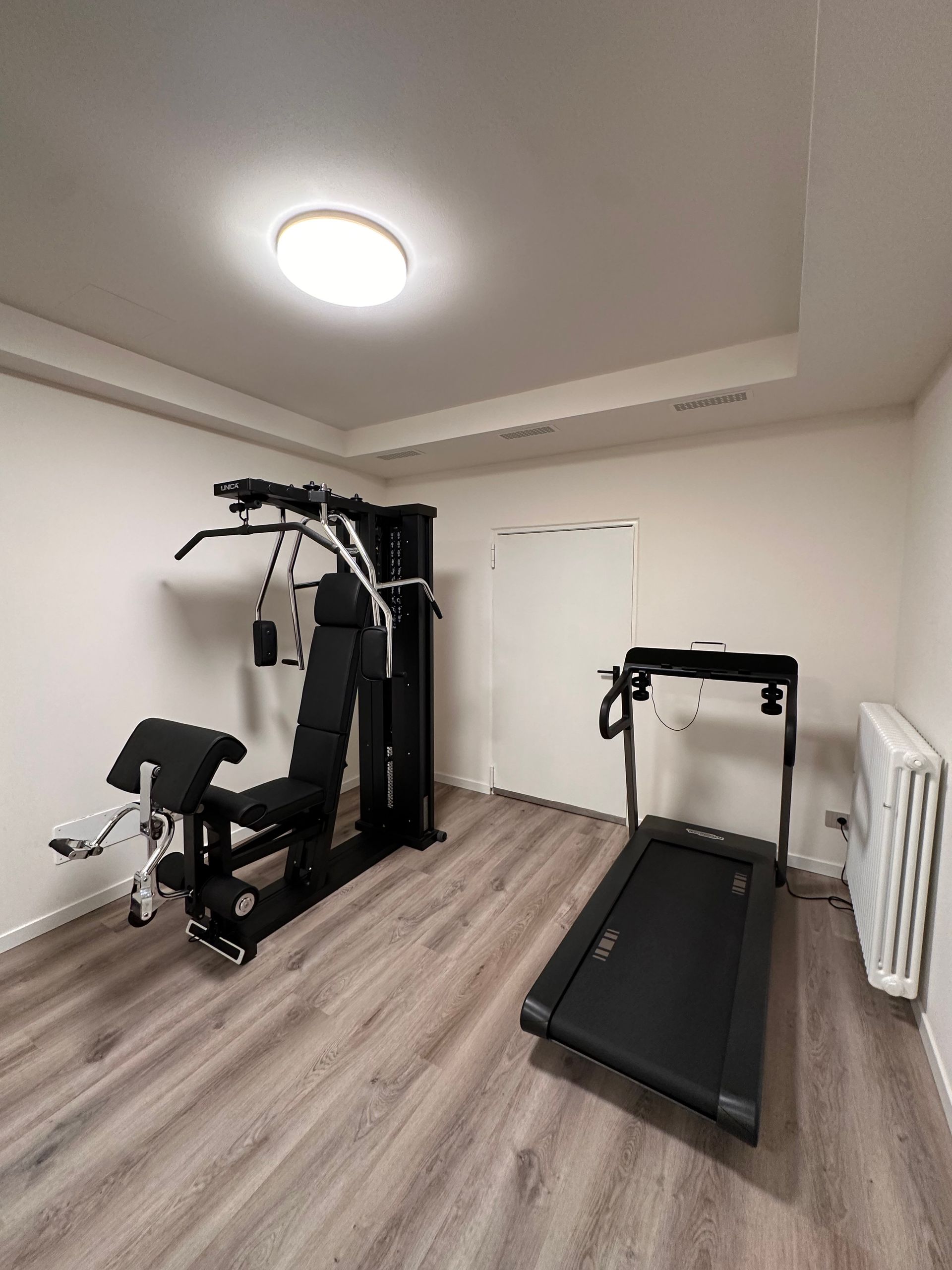 Palestra domestica con tapis roulant e macchina multifunzionale su pavimento effetto legno.