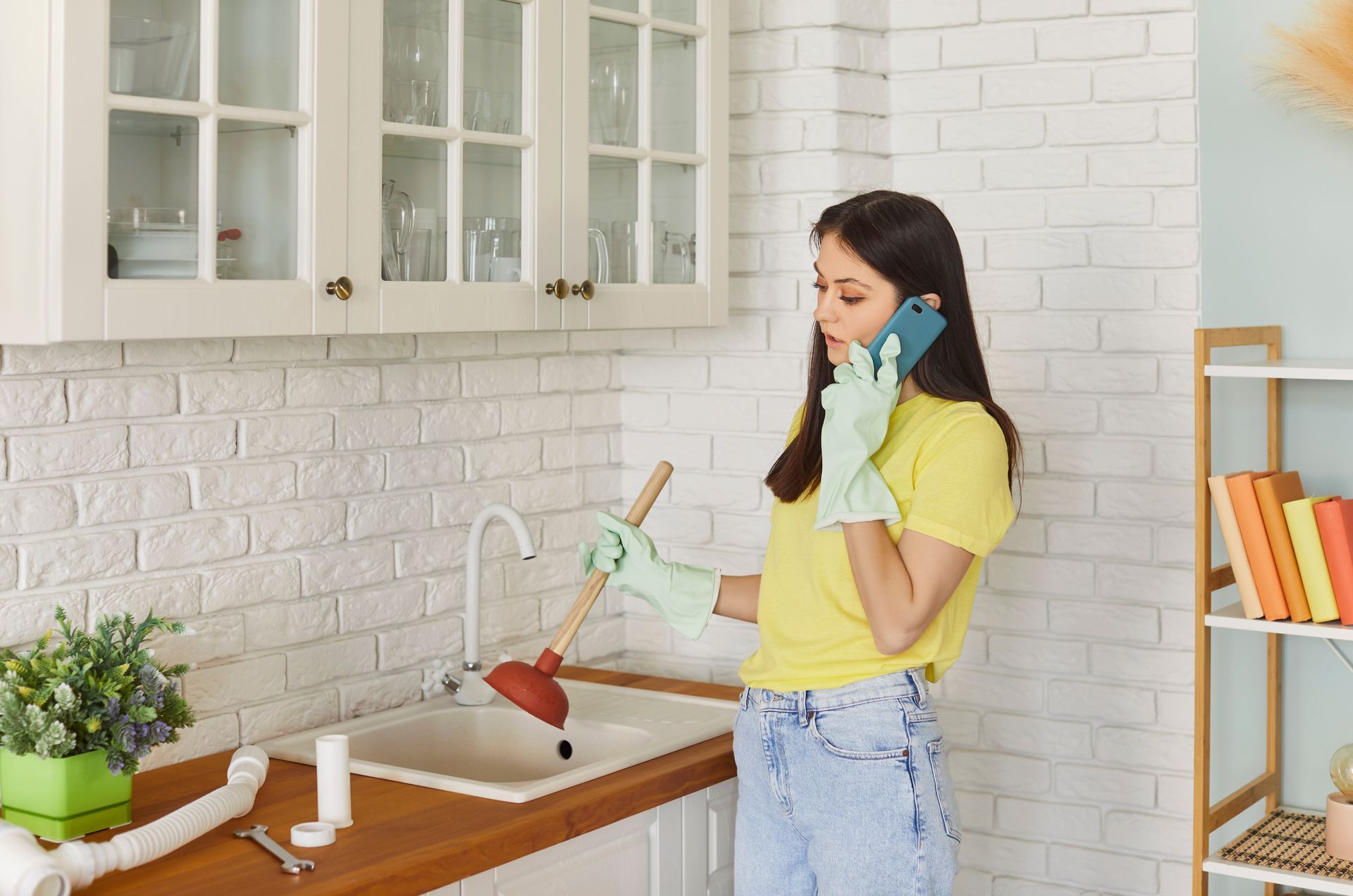 Homeowner calling for professional help after being unable to fix clogged drain with a plunger.